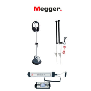 Megger Ferrolux IFS pipe and cable locator system components including a ground search coil, headphones, ground rods, and control unit on a white background.