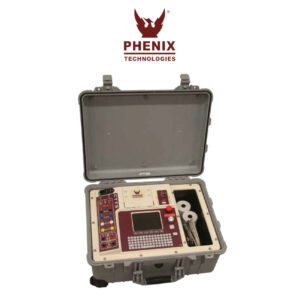 Phenix Technologies CTTS test set with control panel, screen, and accessories housed in an open, rugged gray carrying case.